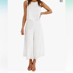 Womens 2 Piece Round Neck Crop And Cropped Wide Leg Pant Set